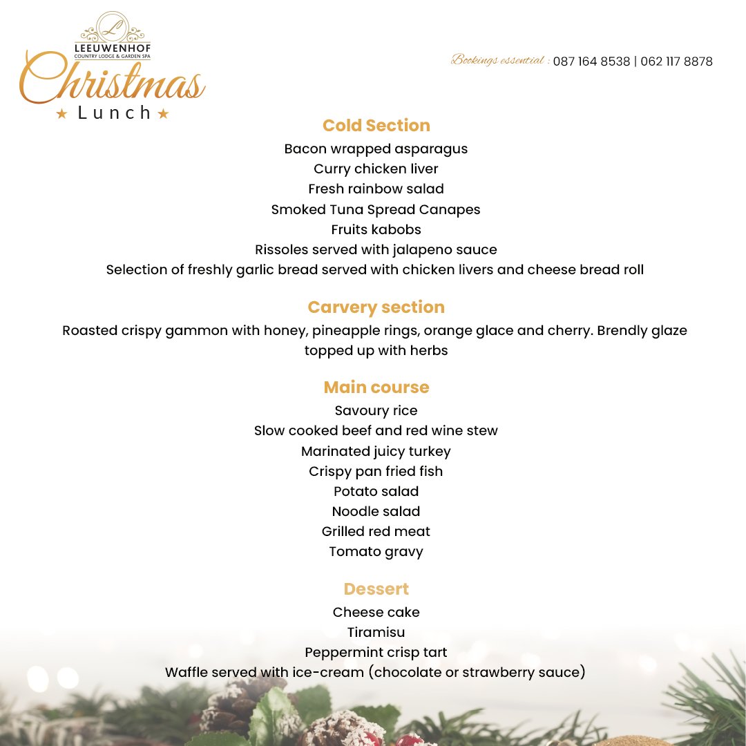 Save the date for an unforgettable Christmas Lunch at Leeuwenhof Country Lodge &amp; Garden Spa! 🎄
Enjoy a festive meal with family and friends on  the 25th December from 12h00 to 15h00.

📞 Bookings essential: 087 164 8538 | 062 117 8878