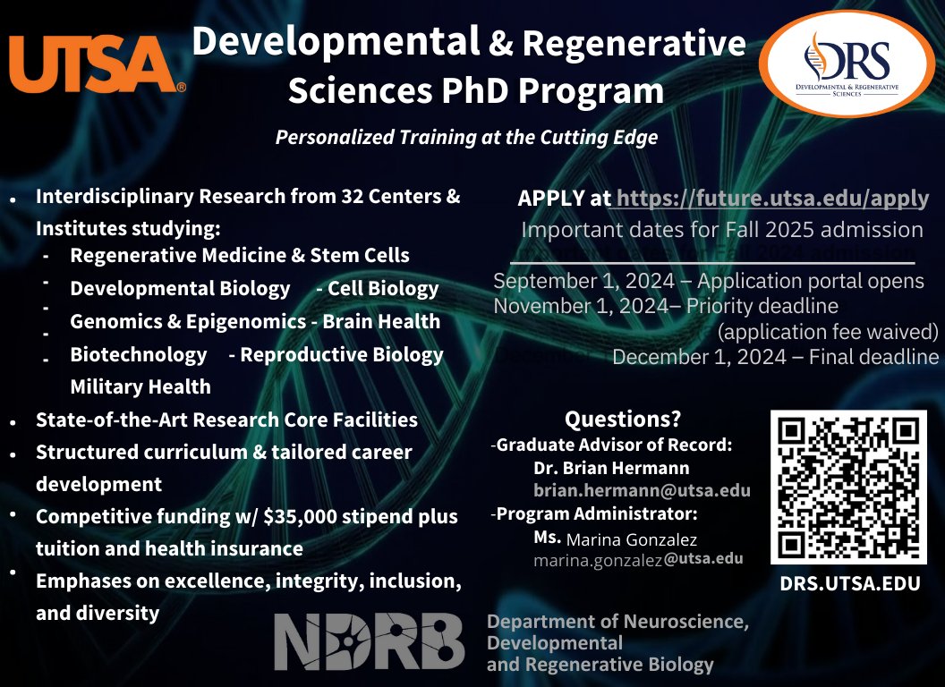 UTSANeuroDevRe1's tweet image. Hey Runners! Would you be interested in our DRS PhD Program? Look no further! To apply go to the link below, for more questions about the program, please email Ms. Marina Gonzalez at marina.gonzalez@utsa.edu
#NDRB #DRS #UTSA #UTSADRS #phdroute