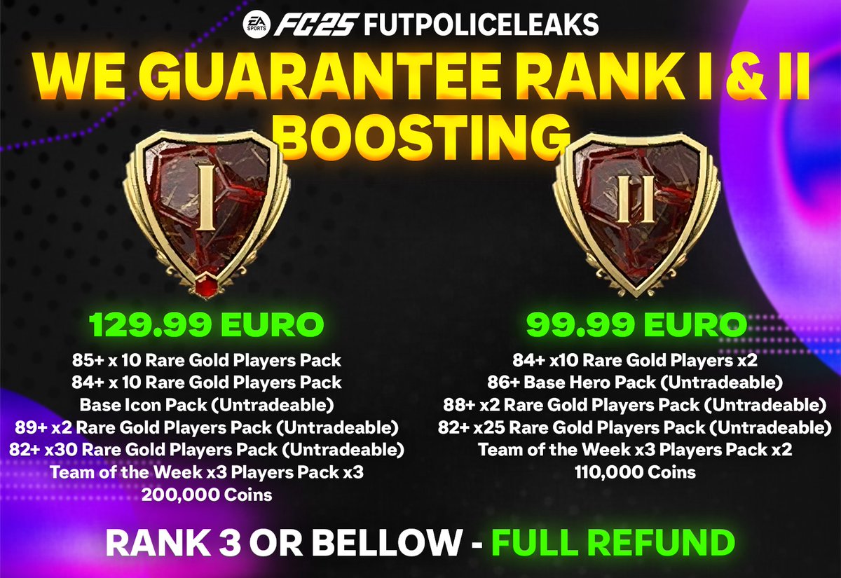 🔥 Taking Orders for FUT Champions 🔥

🎮 We Guarantee Rank I &amp; II! 🏆

If you purchase Rank I or II and we achieve Rank III or lower, you will receive a full refund! 💯

✔️ Qualification is included.

For those interested in lower ranks, the prices are as follows:

🏅 Rank III: