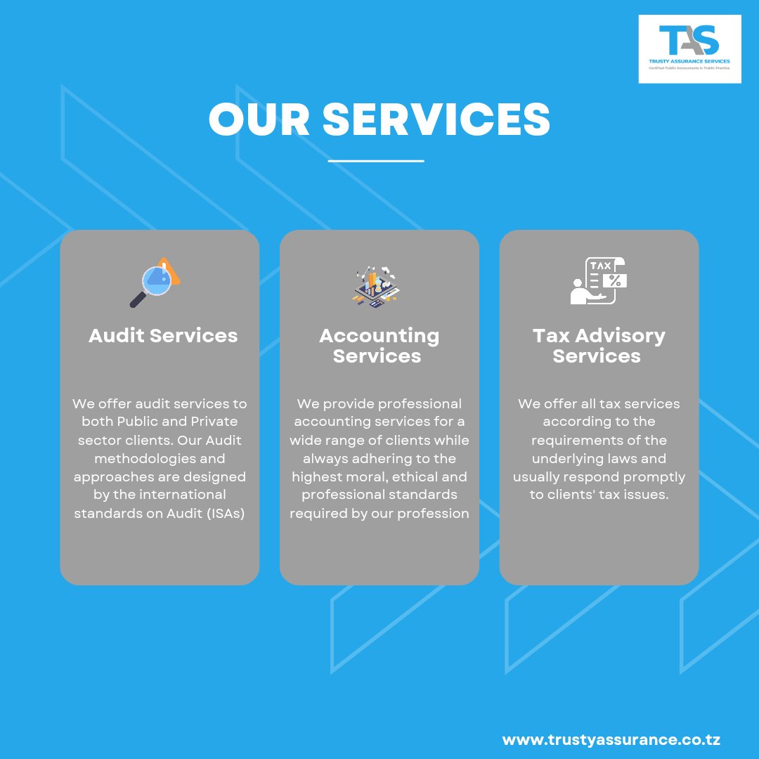 Trusty Assurance Services (@trustyassurance) on Twitter photo .<a href="/TrustyAssurance/">Trusty Assurance Services</a> Services is your partner for your success!
We offer top-tier audit services, ethical and professional accounting, and reliable tax advisory solutions.
Let us handle the details while you focus on growth.
Visit trustyassurance.co.tz for more! .<a href="/TrustyAssurance/">Trusty Assurance Services</a> Services is your partner for your success!
We offer top-tier audit services, ethical and professional accounting, and reliable tax advisory solutions.
Let us handle the details while you focus on growth.
Visit trustyassurance.co.tz for more!