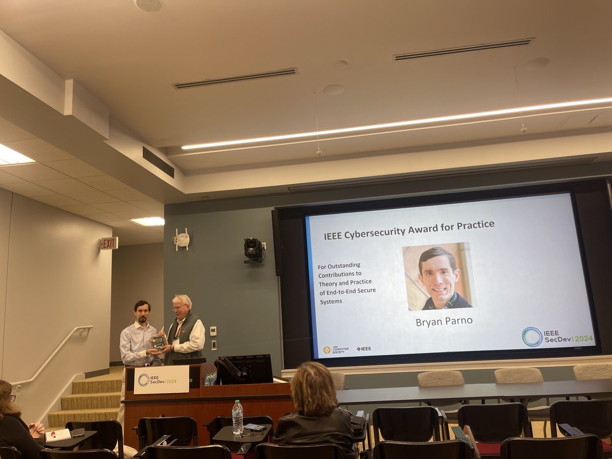 Bryan Parno is this year's second recipient of the IEEE Cybersecurity Award for Practice at #IEEESecDev 2024. This award recognizes his outstanding contributions to secure code execution environments! Congratulations, Bryan!