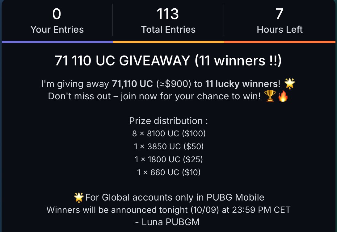 🎉 70,000 UC (≈$900) GIVEAWAY ends in few hours

Hosting a massive giveaway with +70,000 UC up for grabs !
Multiple winners, don’t miss your chance to win 🏆
Ends in few hours, be quick !! Good luck !

Enter here : bit.ly/70kUCgiveaway 

#PUBGMVIP #PUBGMOBILE #PUBGM