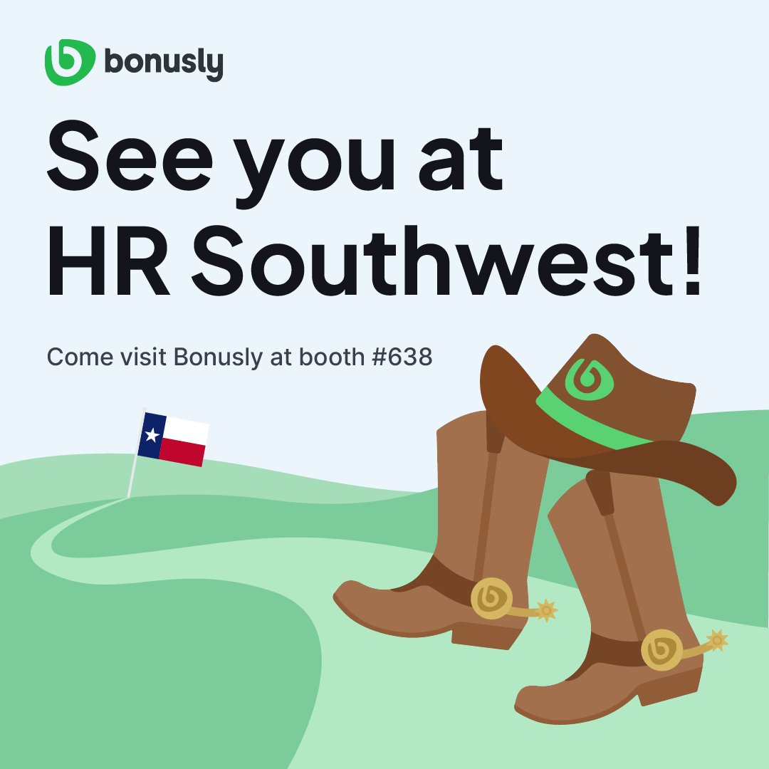 Texas here we come!  🤠 The Bonusly team is excited to head to @hrsouthwest next week.

Come visit us at booth # 638 to learn what it means when recognition is done right and to grab some exciting new swag (👀). 

#HRSouthwest #HRSWC #DallasHR
