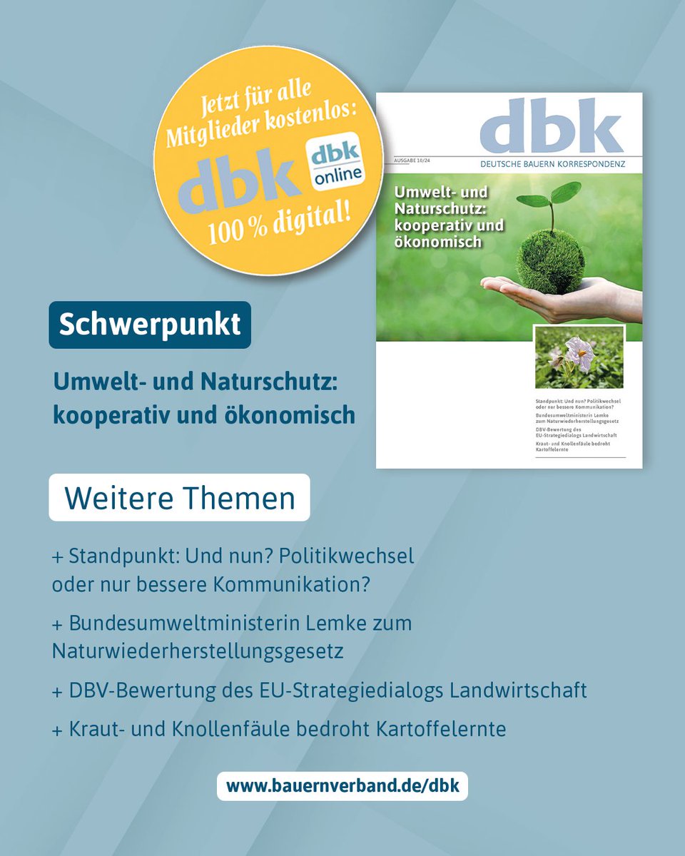 Die Oktober-Ausgabe des DBV-Mitgliedermagazins dbk ist online. Diesen Monat mit einem Schwerpunkt auf Umwelt- und Naturschutzthemen sowie Berichten über den strategischen Dialog zur Zukunft der Landwirtschaft. 👉 Zur aktuellen Ausgabe: bauernverband.de/dbk