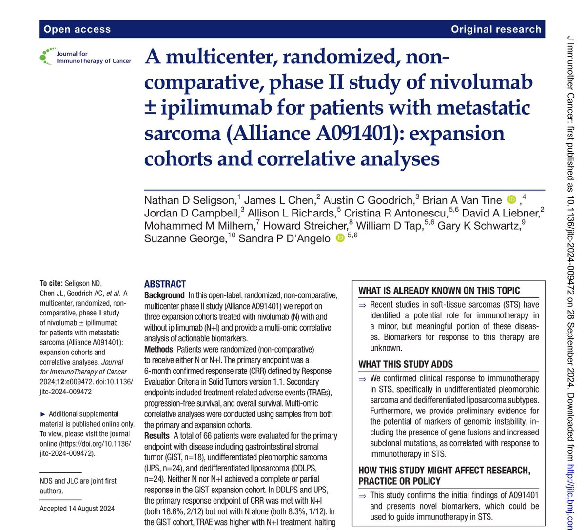 Journal for ImmunoTherapy of Cancer (@jitcancer) on Twitter photo Here’s a closer look at #JITC article: A multicenter, randomized, non-comparative, phase II study of nivolumab +/- ipilimumab for patients with metastatic sarcoma: expansion cohorts & correlative analyses by <a href="/nathanseligson/">Nathan Seligson</a> <a href="/bvantine1/">Brian Van Tine</a> <a href="/WTapMD/">William Tap</a> <a href="/DrGarySchwartz/">Gary K. Schwartz</a> <a href="/sandrapdangelo/">Sandra P D'Angelo, MD</a> 1/6 Here’s a closer look at #JITC article: A multicenter, randomized, non-comparative, phase II study of nivolumab +/- ipilimumab for patients with metastatic sarcoma: expansion cohorts & correlative analyses by <a href="/nathanseligson/">Nathan Seligson</a> <a href="/bvantine1/">Brian Van Tine</a> <a href="/WTapMD/">William Tap</a> <a href="/DrGarySchwartz/">Gary K. Schwartz</a> <a href="/sandrapdangelo/">Sandra P D'Angelo, MD</a> 1/6