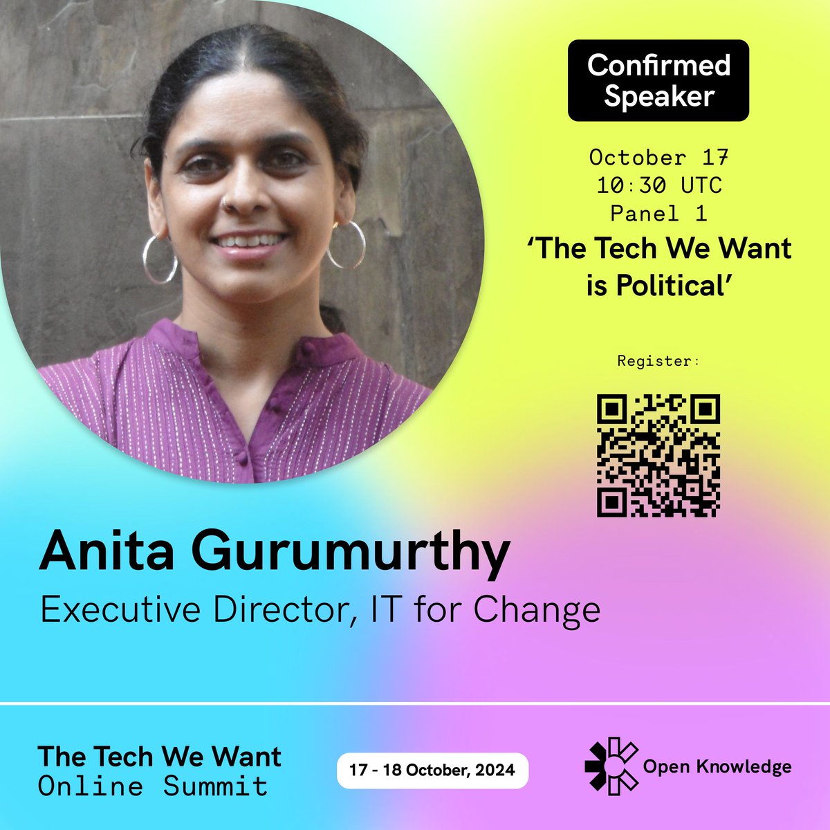 Open Knowledge Foundation (@okfn@fosstodon.org) (@okfn) on Twitter photo ✨ Confirmed speaker alert! ✨
Join Anita Gurumurthy, Executive Director of <a href="/ITforChange/">IT for Change</a>, on the panel 'The Tech We Want is political'.
💻🌱 #TechWeWant Summit
🗓️ 17 - 18 October
📍 Online
🌈 Full programme: okfn.org/the-tech-we-wa…
👉🏾 Register now: forms.gle/uThkiQYdEiEtNn… ✨ Confirmed speaker alert! ✨
Join Anita Gurumurthy, Executive Director of <a href="/ITforChange/">IT for Change</a>, on the panel 'The Tech We Want is political'.
💻🌱 #TechWeWant Summit
🗓️ 17 - 18 October
📍 Online
🌈 Full programme: okfn.org/the-tech-we-wa…
👉🏾 Register now: forms.gle/uThkiQYdEiEtNn…
