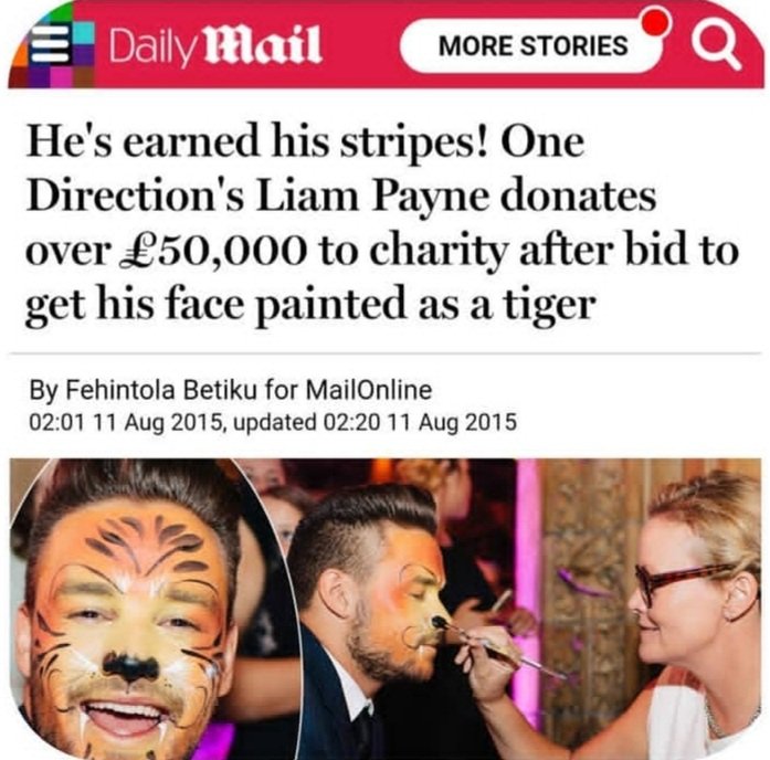Mahgol7rh's tweet photo. Liam at 1D days donated over £50000
to charity (that was about childern ) 
And he face was painted as a tiger https://t.co/biYgGSH1da