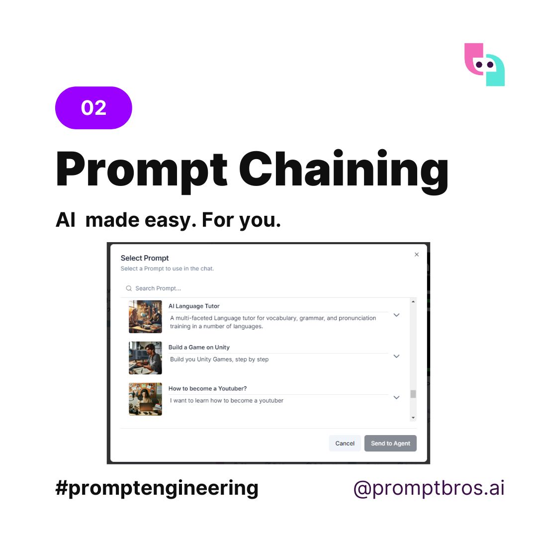 PromptBros's tweet image. ➡️ Seamless Prompt Chaining: Now, you can inject a saved Prompt directly into your conversations. Making your AI interactions smoother and more efficient. #PromptChaining
