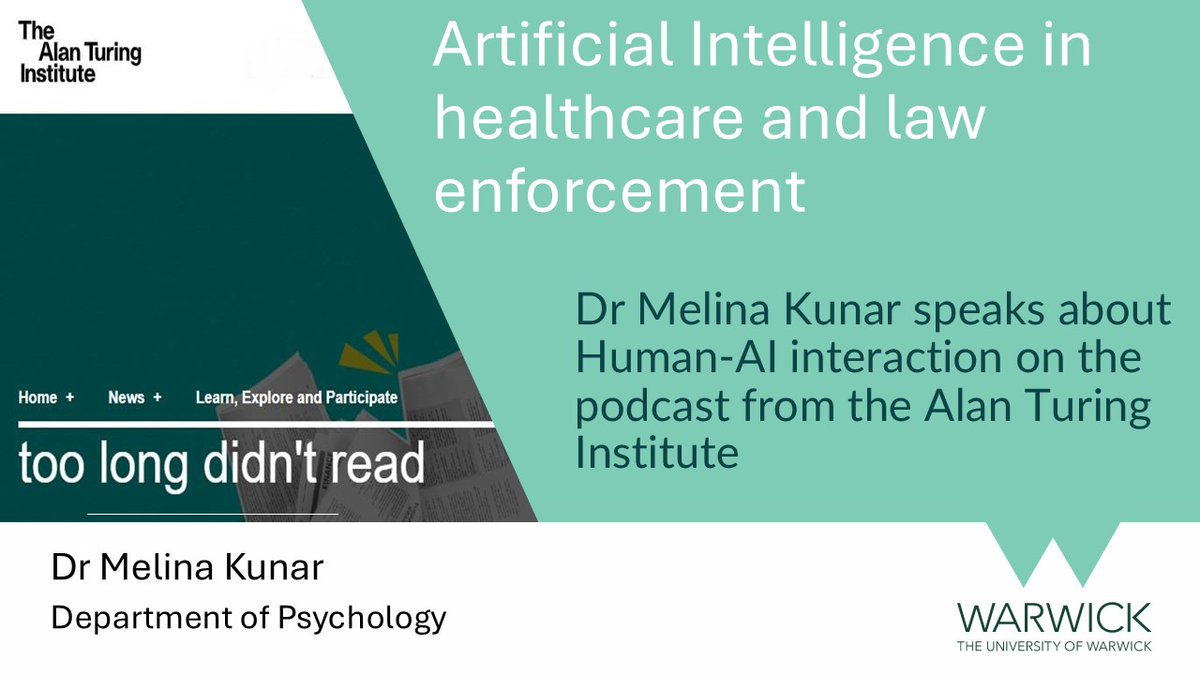 Dr Melina Kunar speaks about the benefits and costs of Human-AI interaction in this months 'too long didn't read' podcast from the Alan Turing Institute turing.ac.uk/news/learn-exp…