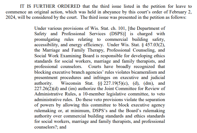 CalebGerbitz's tweet photo. The Wisconsin Supreme Court this morning issued an order agreeing to review the constitutionality of JCRAR's power to review administrative rules. Briefs will be completed in mid-December, which means this will likely be heard in early 2025. https://t.co/plewo0rP9G https://t.co/W1dVHmw1rY