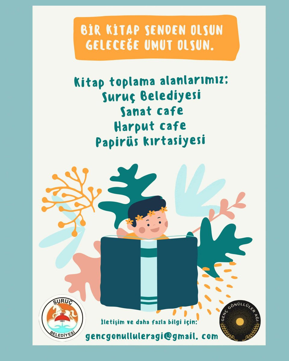 Kitap toplama ve gönderim adreslerimiz Suruç Belediyesi, Sanat Cafe, Harput Cafe ve Papirüs Kırtasiyesidir. İl dışından gönderimler için iletişime geçebilirsiniz. Dayanışmayla kalın ✨ <a href="/gonulluler_genc/">Genç Gönüllüler Ağı</a>