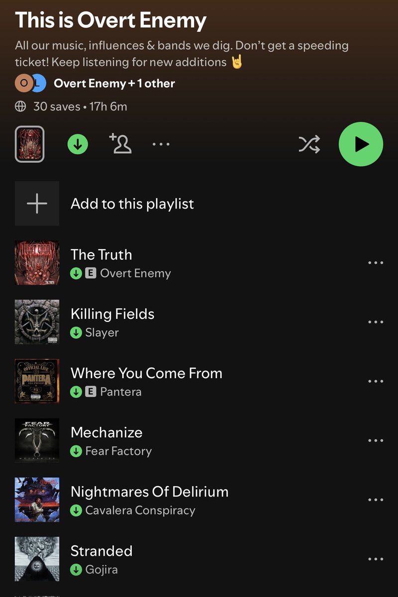 Overt Enemy (@overtenemyband) on Twitter photo This is the playlist you need right now featuring <a href="/OvertEnemyBand/">Overt Enemy</a> <a href="/Slayer/">Slayer</a> <a href="/Pantera/">Pantera</a> <a href="/FearFactory/">Fear Factory</a> <a href="/cavconspiracy/">Cavalera Conspiracy</a> <a href="/GojiraMusic/">Gojira</a> <a href="/Lockjawmetal/">Lockjaw</a> <a href="/TheVirulent/">The Virulent</a> <a href="/withinchaos/">WITHIN CHAOS</a> <a href="/boneatx/">Böne</a> @Panteon @KILLHOUSE @FIENDS <a href="/ExhorderNOLA/">Exhorder</a> <a href="/HEATHENMETAL/">HEATHEN</a> <a href="/BodyCountBand/">BODY COUNT</a> <a href="/GAADband/">Go Ahead And Die</a> and more! Crank it up! This is the playlist you need right now featuring <a href="/OvertEnemyBand/">Overt Enemy</a> <a href="/Slayer/">Slayer</a> <a href="/Pantera/">Pantera</a> <a href="/FearFactory/">Fear Factory</a> <a href="/cavconspiracy/">Cavalera Conspiracy</a> <a href="/GojiraMusic/">Gojira</a> <a href="/Lockjawmetal/">Lockjaw</a> <a href="/TheVirulent/">The Virulent</a> <a href="/withinchaos/">WITHIN CHAOS</a> <a href="/boneatx/">Böne</a> @Panteon @KILLHOUSE @FIENDS <a href="/ExhorderNOLA/">Exhorder</a> <a href="/HEATHENMETAL/">HEATHEN</a> <a href="/BodyCountBand/">BODY COUNT</a> <a href="/GAADband/">Go Ahead And Die</a> and more! Crank it up!