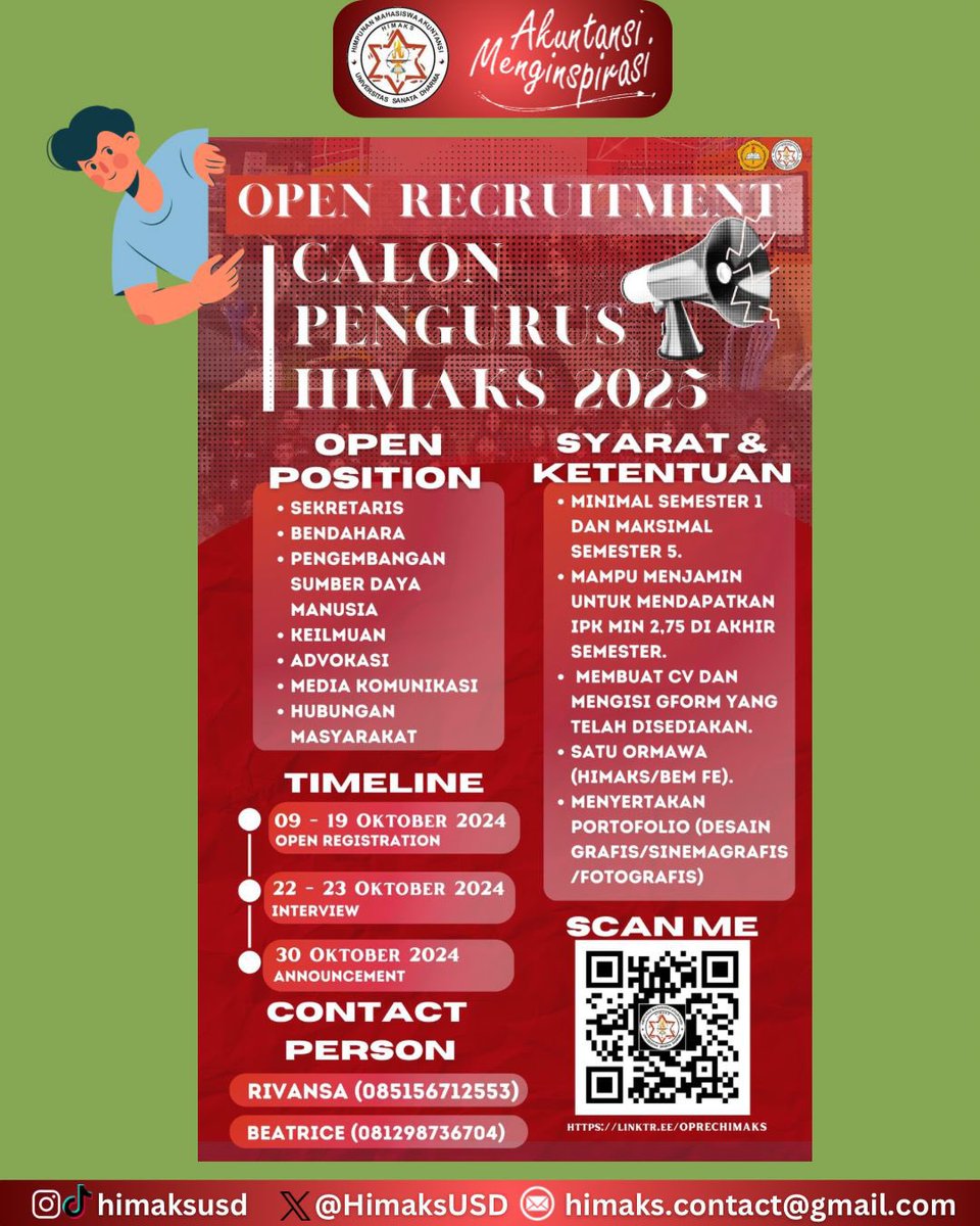 📢 OPEN RECRUITMENT HIMAKS USD 2025 📢

Link pendaftaran : 
linktr.ee/OPRECHIMAKS

CP : 
📞RIVANSA (085156712553)
📞BEATRICE (081298736704)

#AkuntansiMenginspirasi
-Himpunan Mahasiswa Akuntansi-
