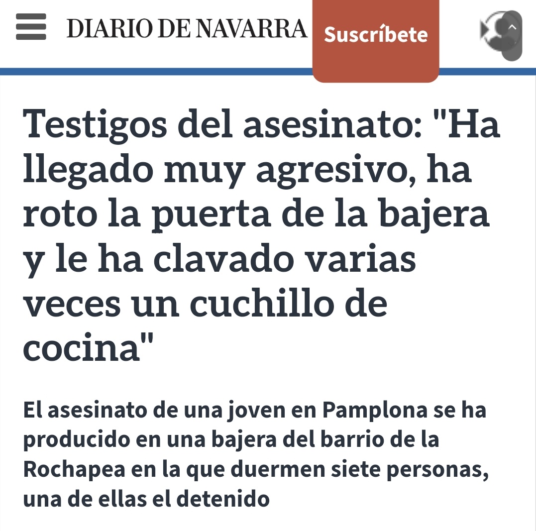 JosemaVallejo's tweet photo. Okupa, magrebí y asesino de mujeres: el caso que reúne todos los parámetros de la nueva realidad criminal que denunciamos en @PoliciaSXXI

Hay una mujer muerta, pero no es un caso de violencia de género de la que sacar rédito político. No habrá declaraciones institucionales ni ministras indignadas.

Resumen:

Un marroquí de 27 años ha acuchillado hasta la muerte a una joven española de 20 años en Pamplona.

Había ocupado un local y el propietario lo había denunciado por allanamiento de morada hasta en 3 ocasiones.

Cuando fue a echarlo, le agredió a él y a su hija. Policía Nacional lo detuvo, pero el juez lo puso en libertad.

El propietario cambió el bombín de la puerta para que no pudiera entrar otra vez, pero reventó la cerradura y volvió a ocupar el espacio. En aquella ocasión a quien detuvo la Policía Nacional fue al propietario por coacciones.

Esa misma noche el asesino dijo que mataría a la hija del propietario y a su pareja. Volvió a venir la Policía Nacional, pero no actuó.

Hoy, Yahya Mazouri, ha cumplido su amenaza.

-El fenómeno okupa no es un evento de problema habitacional que afecte a familias vulnerables, es otra cosa. De hecho, la inmensa mayoría de familias en pobreza no ocupa.

-La inmigración ilegal desbordada en el espacio y el tiempo conduce a fenómenos delictivos masivos y diversos.

-La reincidencia y escalada en el delito es la consecuencia de políticas buenistas que desatienden las consecuencias de los primeros estadios del delito, permitiendo que se llegue al estadio máximo: el homicidio.

Una mujer asesinada, eso haría arder hoy los despachos del ministerio de igualdad. Pero era okupa y extranjero con antecedentes, así que todos callados y, a ser posible, a ver si podemos meter los "problemas mentales" por alguna parte para justificar lo que ya es injustificable y vemos todos.

Despierta, está pasando delante de tus narices. La venda no te servirá de escudo.