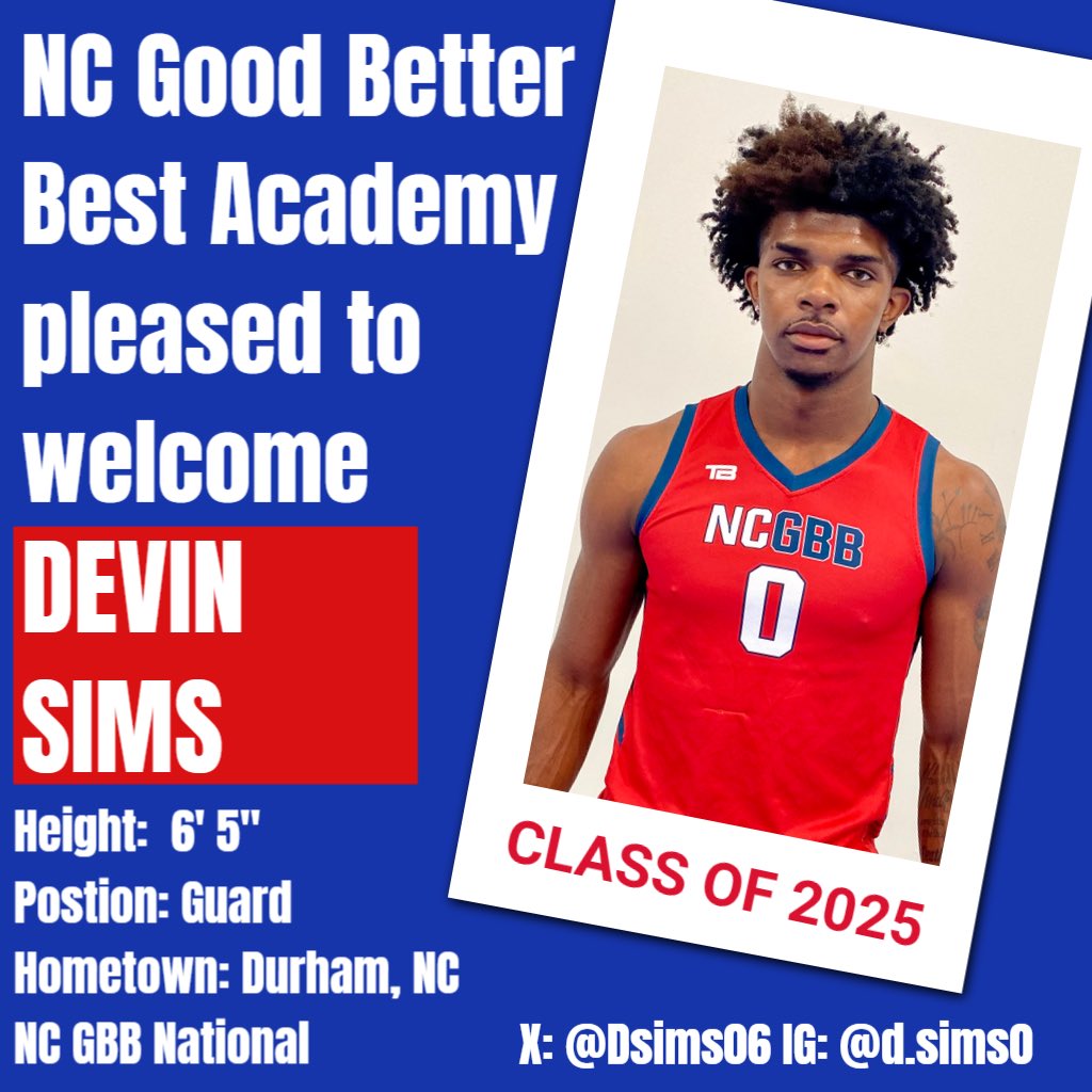 NC Good Better Best Academy National Team is pleased to welcome DEVIN SIMS <a href="/Dsims06/">Devin</a> 6’5” Guard from Durham, NC. <a href="/ncgbbambb/">NCGBB Basketball 🦅</a>