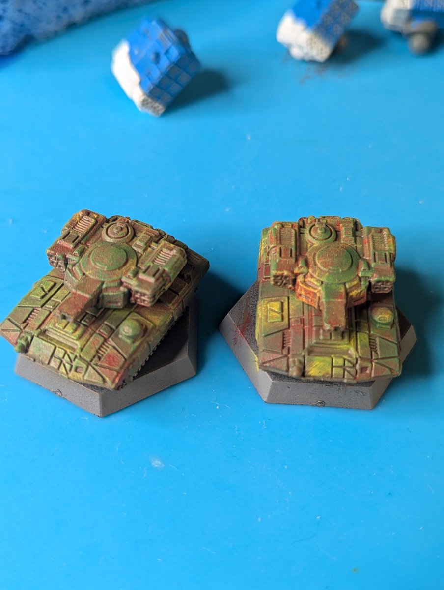 BeesWithTeefers's tweet photo. Played around with a couple camo schemes. Each pair was done within an hours time total.
I like each of them but I might do the classic woodland for the rest of my vehicles
@catalystgamelab I heard you were having a trial of pigmentation. Do Vee's count?
#battletech https://t.co/rMr9beBkQz