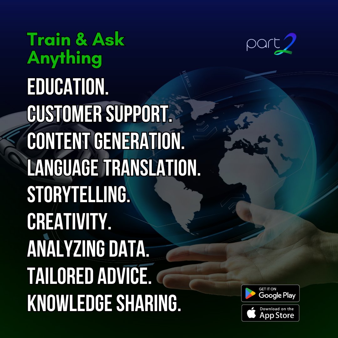 part2chat's tweet image. Build and personalize your AI bots to handle tasks, answer questions, and provide instant solutions tailored to your needs!

Download App Now -&amp;gt; tinyurl.com/ms5pd8ae
Free for a Limited Time!

#Part2AI 
 #AIInnovation
#ProductivityBoost
#iphoneapp #iphone15 #iphone