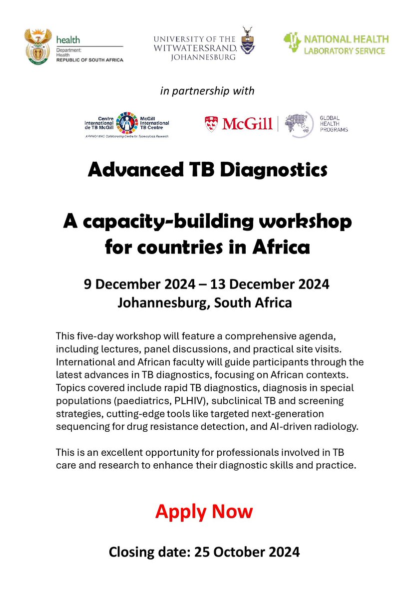 ASLM (@aslm_news) on Twitter photo Register for the Advanced #TB Diagnostics Workshop in Johannesburg from Dec 9-13! Learn about cutting-edge tools like AI-driven radiology & drug resistance detection. Apply by Oct 25! send your applications to nina.vonknorring1@wits.ac.za <a href="/WitsUniversity/">Wits University</a>, <a href="/nhls_sa/">NHLS</a>, <a href="/HealthZA/">National Department of Health</a> Register for the Advanced #TB Diagnostics Workshop in Johannesburg from Dec 9-13! Learn about cutting-edge tools like AI-driven radiology & drug resistance detection. Apply by Oct 25! send your applications to nina.vonknorring1@wits.ac.za <a href="/WitsUniversity/">Wits University</a>, <a href="/nhls_sa/">NHLS</a>, <a href="/HealthZA/">National Department of Health</a>