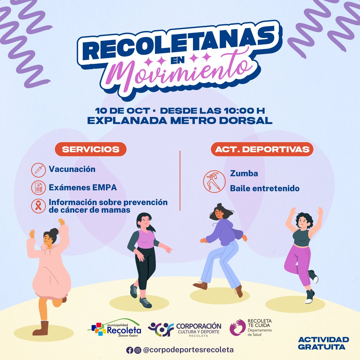 DeporteRecoleta's tweet photo. 💃🩺Te esperamos este jueves 10 de octubre, desde las 10:00 horas, en la explanada del metro Dorsal, para la primera fecha de "Recoleta en Movimiento", con clases de baile entretenido, zumba, además de stand de vacunación y exámenes EMPA. Actividad gratuita. https://t.co/WANLEInezM
