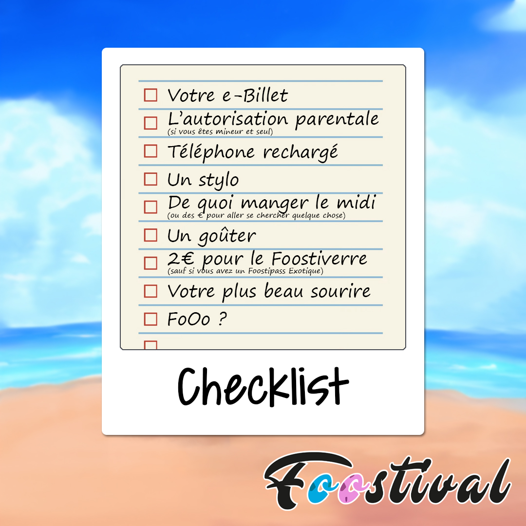 ⚠️ Attendez, quoi ?
Le #Foostival est demain⁉️

✅ Pour vous préparer au mieux pour notre évènement IRL sous le signe de #GuildWars2, voici une petite checklist. 🎟️🪪🔋🖊️🥪🍎🪙😃💙