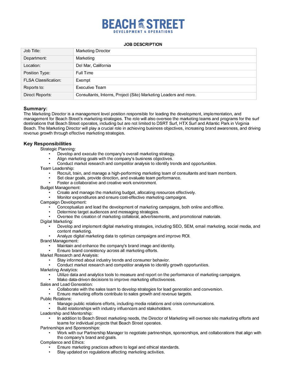 BeachStreetSurf's tweet photo. We are excited to announce that we are now accepting applications for the position of Marketing Director at Beach Street. This is a key role that will shape our marketing strategy and drive our brand forward. Interested candidates should submit their resume and a cover letter. https://t.co/sGFoafysuF