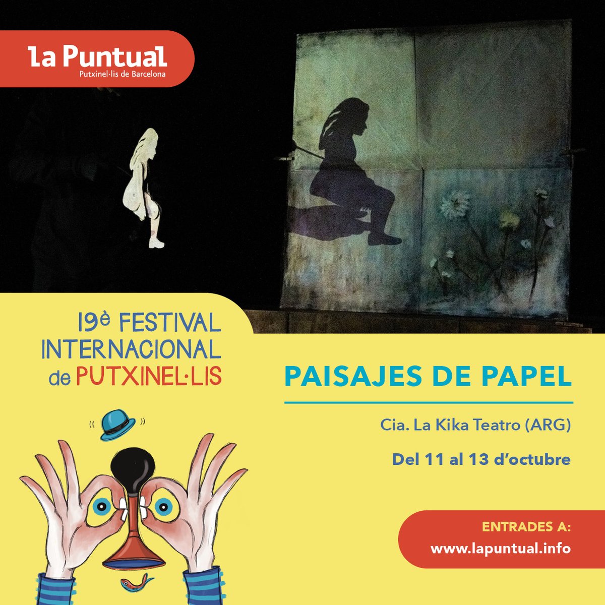 Segon cap de setmana del 19È FESTIVAL a LA PUNTUAL amb l'espectacle "PAISAJES DE PAPEL" de CÍA. KIKA PRODUCCIONES, inspirat en llegendes i mites de diverses cultures, amb un ritme reposat i una poètica encisadora.
ENTRADES A: lapuntual.info
#FestivalLaPuntual #LaPuntual