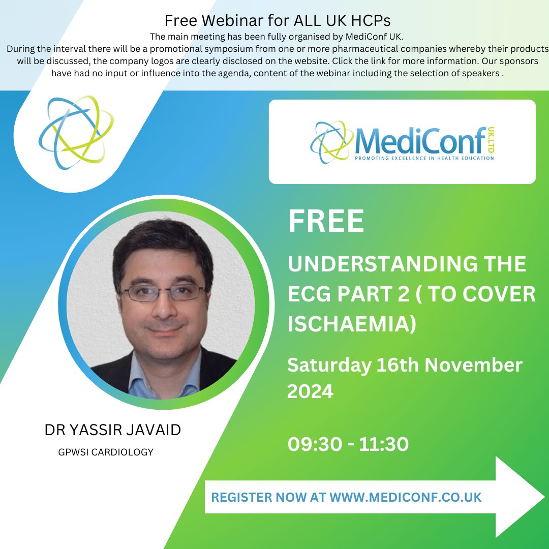 📉 For UK HCPs! Join us on November 16th for Understanding the ECG Part 2 (To cover Ischaemia) with <a href="/YassirJavaid/">Yassir Javaid</a> 🫀Deepen your knowledge of ECG interpretation and ischaemia detection. Don’t miss out—book your FREE place here: mediconf.co.uk/event-details.…

#Webinar #ECG #Healthcare