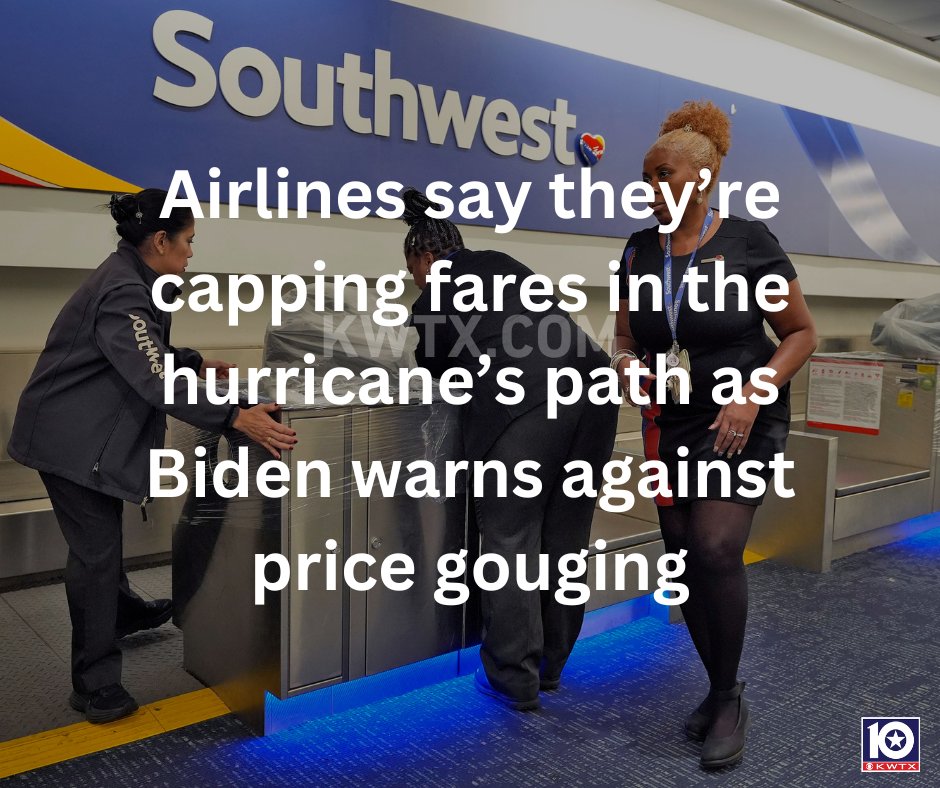 kwtx's tweet image. 🔵💛🔴“I’m calling on the airlines and other companies to provide as much service as possible to accommodate evacuations, and not to engage in #pricegouging — to just do it on the level," #Biden said. INFO: kwtx.com/2024/10/09/air…