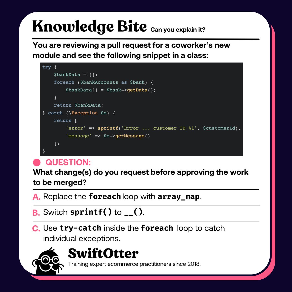 swiftotter_joe's tweet image. We have another great question from Isaac Phillips!
What change(s) do you request before approving the work to be merged?
ℹ Comment with your answer and reasoning.
#swiftotter #magento #magentodeveloper #adobecommerce #weeklypracticequestion