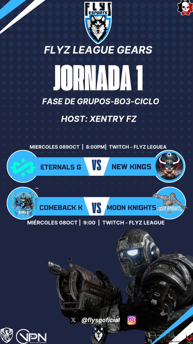 FlyzLeagueGM's tweet photo. 🏆 FLYZ LEAGUE GEARS 🏆
Cerramos jornada 1
Nos vemos el día de hoy 
apoya a tu equipo favorito 
Twitch -FlyzLeague 
@TheEternalsGGs 🆚 @NewKingsR 
@_cKings 🆚 @m00n_knights

Twitch-levy_random
@RapidzMLG 🆚 @ColombiaGaming 

SPONSOR 
@VPN_MEXICO 
@HyperionlegaGG https://t.co/GOyjbwb9ax