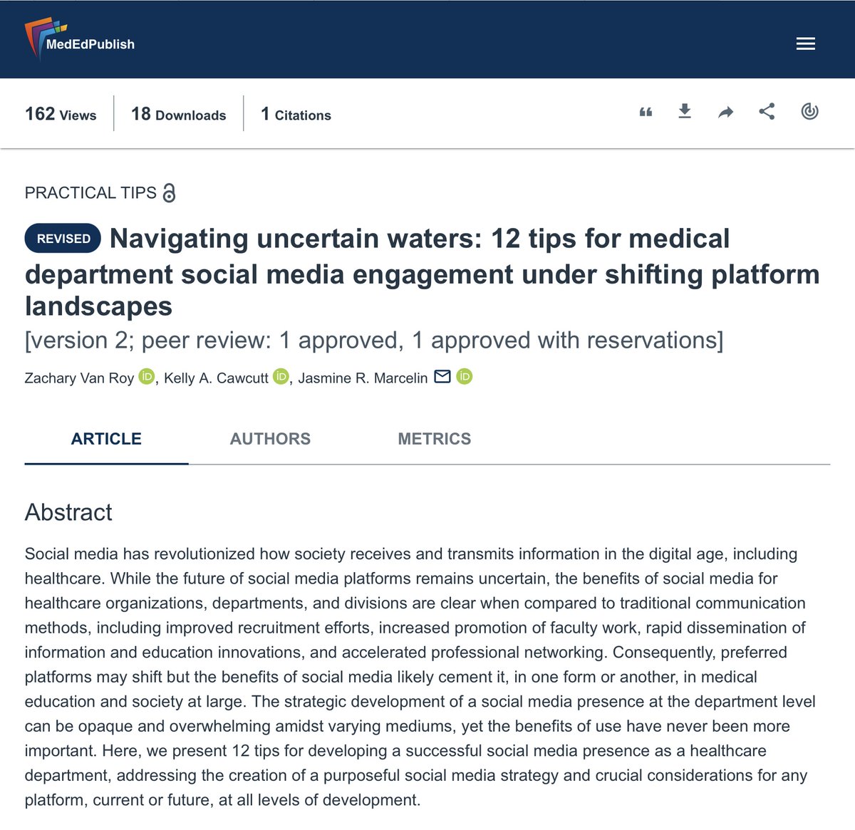 Navigating Uncertain Waters: 12 Tips for Medical Departments on Social Media Engagement on the #MedEdPublish journal. 

With social media platforms constantly evolving, it’s essential to stay agile in your engagement strategy. 

Read more: ow.ly/Zk8Q50THToE

#SocialMedia