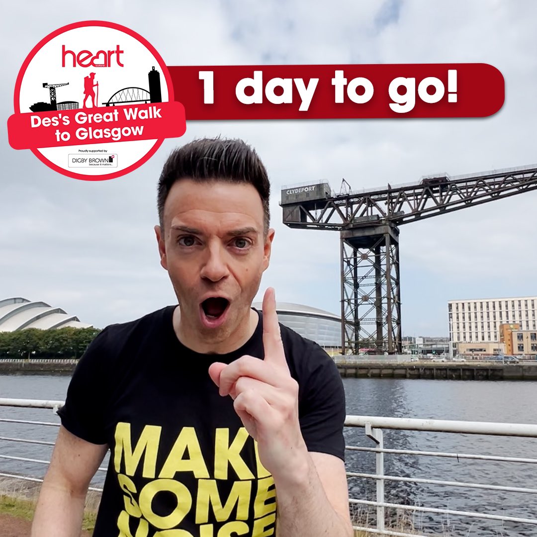 Heart Scotland (@heartscotland) on Twitter photo It’s happening TOMORROW!!! 😱
Get your walking boots ready <a href="/des_clarke/">Des Clarke</a> 🥾
Please donate what you can to <a href="/makenoise/">Global's Make Some Noise</a> at shorturl.at/9gIRm or text Des10 to 70766 and donate £10 to support small Scottish charities ❤️
<a href="/DigbyBrownLLP/">Digby Brown LLP</a>
#desgreatwalk #glasgow #heartscotland It’s happening TOMORROW!!! 😱
Get your walking boots ready <a href="/des_clarke/">Des Clarke</a> 🥾
Please donate what you can to <a href="/makenoise/">Global's Make Some Noise</a> at shorturl.at/9gIRm or text Des10 to 70766 and donate £10 to support small Scottish charities ❤️
<a href="/DigbyBrownLLP/">Digby Brown LLP</a>
#desgreatwalk #glasgow #heartscotland