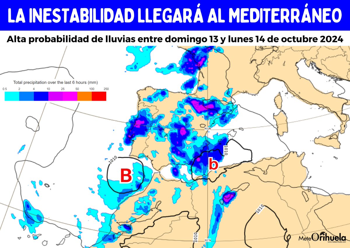 MeteOrihuela's tweet photo. ¡La inestabilidad llegará también al Mediterráneo! Sobre todo domingo 13 y lunes 14 #octubre2024. Estamos acostumbrados a que las borrascas atlánticas lleguen por el noroeste de la #PenínsulaIbérica, pero todo indica que la próxima llegará por el suroeste, por el Golfo de Cádiz. https://t.co/Hbk9zWzMbe