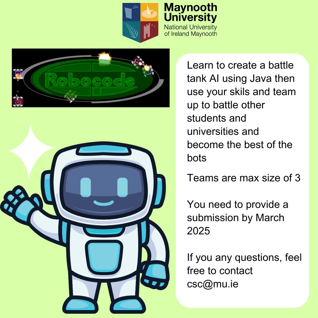 Are you in first-year and interested in Java and AI? Why not try out Robocode! If you are interested, please fill in this form: lnkd.in/dR5c_zgc :)