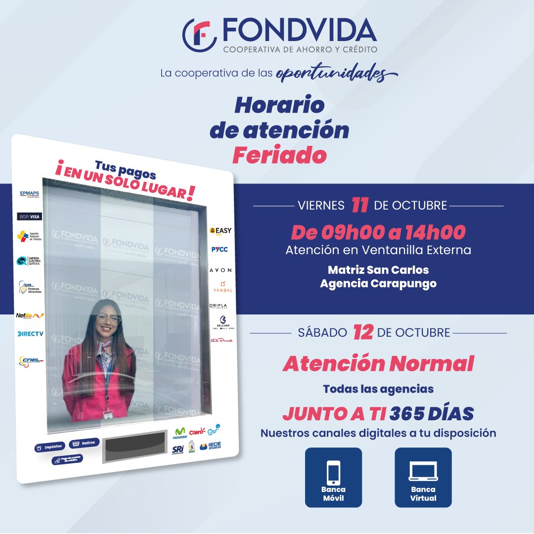 CoacFondvida's tweet photo. Este 𝐯𝐢𝐞𝐫𝐧𝐞𝐬 𝟏𝟏 𝐝𝐞 𝐨𝐜𝐭𝐮𝐛𝐫𝐞 brindaremos atención únicamente mediante 𝐯𝐞𝐧𝐭𝐚𝐧𝐢𝐥𝐥𝐚 𝐞𝐱𝐭𝐞𝐫𝐧𝐚 para realizar  tus pagos en solo lugar de manera ágil en este feriado.
Tendremos 𝐚𝐭𝐞𝐧𝐜𝐢𝐨́𝐧 𝐧𝐨𝐫𝐦𝐚𝐥 en nuestras agencias el 𝙨𝙖́𝙗𝙖𝙙𝙤 𝟏𝟐. https://t.co/ImFktGTBBz