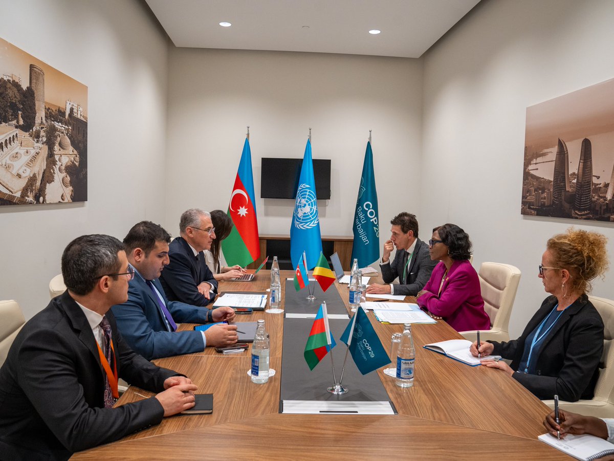COP29_AZ's tweet photo. The COP29 Presidency was delighted to converse with @ASoudanNonault, Minister of the Environment, Sustainable Development and the Congo Basin of Congo, as part of meetings taking place at the High-Level Ministerial Dialogue in #Baku today. 

#COP29 #COP29Azerbaijan https://t.co/wClVpsNk1d