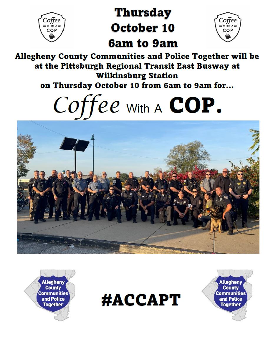 PGHtransit's tweet photo. It's October, which means @PGHTransitPD will be at Wilkinsburg Station bright and early tomorrow for Coffee with a Cop 2024! Jumpstart your morning with a warm cup of coffee, fresh donuts, and great conversation. 🍩☕️🚔#ACCAPT https://t.co/AxPyFN6aNQ