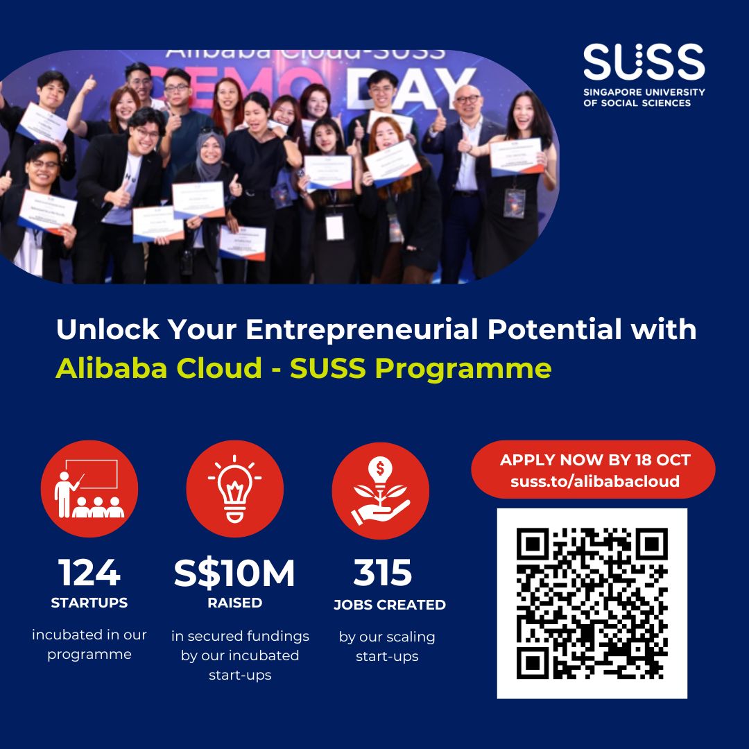 #SUSSEntrepreneurship: 🌟 Whether you're an innovator, investor, or enthusiast, the Alibaba Cloud-SUSS Entrepreneurship Programme connects you to a vibrant community dedicated to change. Collaborate, contribute to solutions, and inspire others. Join us: suss.to/alibabacloud