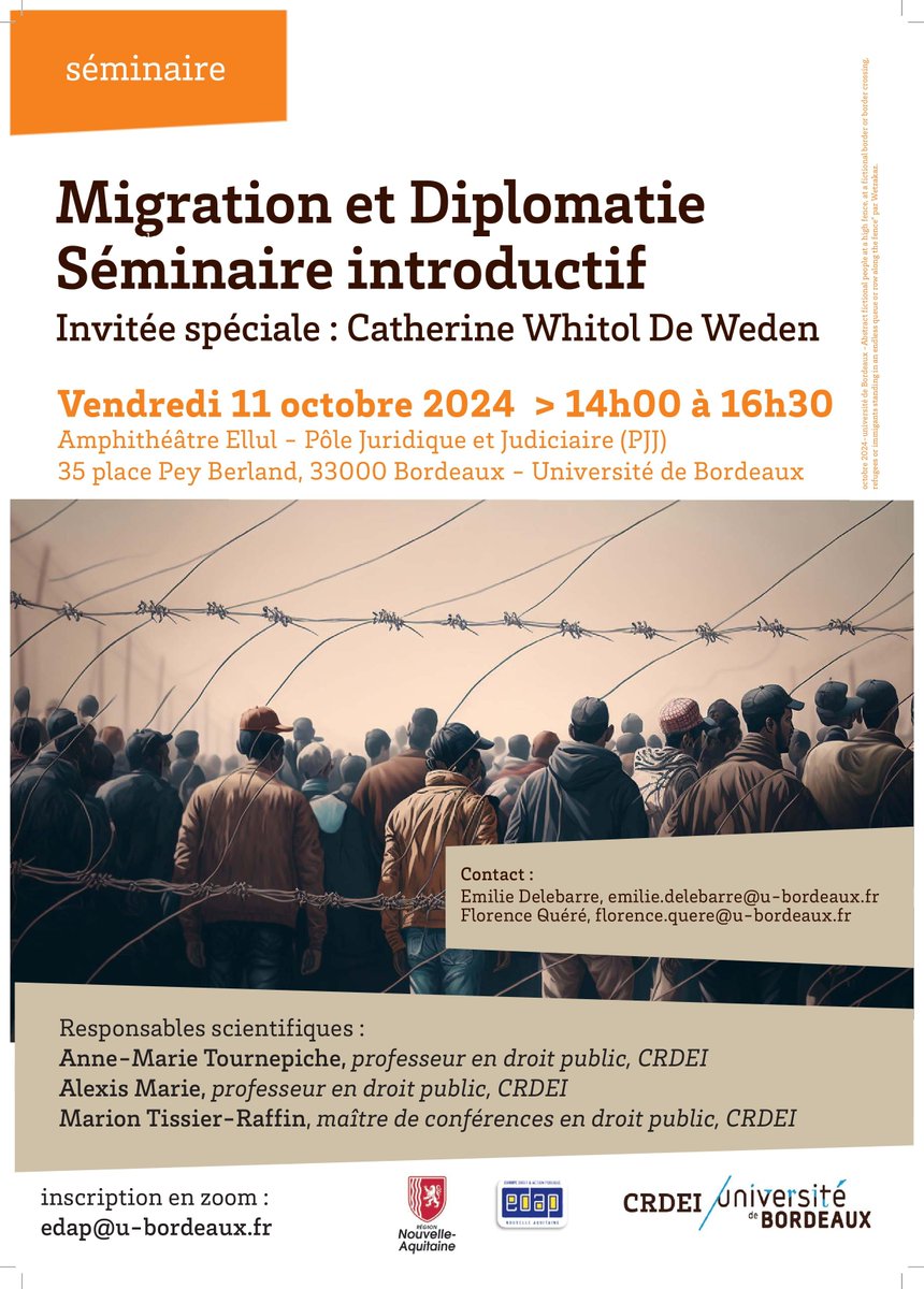ReseauEdap's tweet image. 🌍 Séminaire Inaugural : Projet Migration et Diplomatie 🌍
Rejoignez-nous le 11 octobre de 14h à 16h30 au PJJ et en visioconférence pour explorer l’interaction entre droit, diplomatie et migrations.
🔗 Inscription à la visio : edap@u-bordeaux.fr