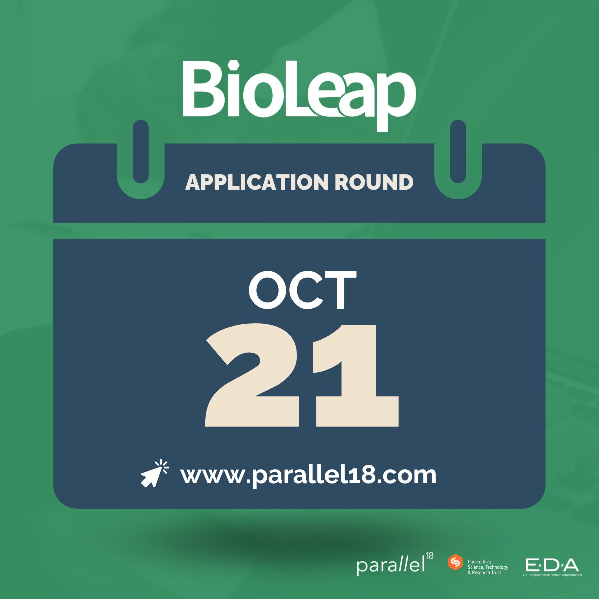 BioLeap (@bioleapstartups) on Twitter photo 🚀 Our Biosciences & STEM Incubation Program's next application round opens soon; mark your calendar for October 21st!
Visit parallel18.com/BioLeap to learn more about the program! 💡
#BioLeap is a program supported by <a href="/US_EDA/">EDA</a> and managed by <a href="/p18startups/">Parallel18</a> & <a href="/prsciencetrust1/">Puerto Rico Science, Technology & Research Trust</a>. 🚀 Our Biosciences & STEM Incubation Program's next application round opens soon; mark your calendar for October 21st!
Visit parallel18.com/BioLeap to learn more about the program! 💡
#BioLeap is a program supported by <a href="/US_EDA/">EDA</a> and managed by <a href="/p18startups/">Parallel18</a> & <a href="/prsciencetrust1/">Puerto Rico Science, Technology & Research Trust</a>.