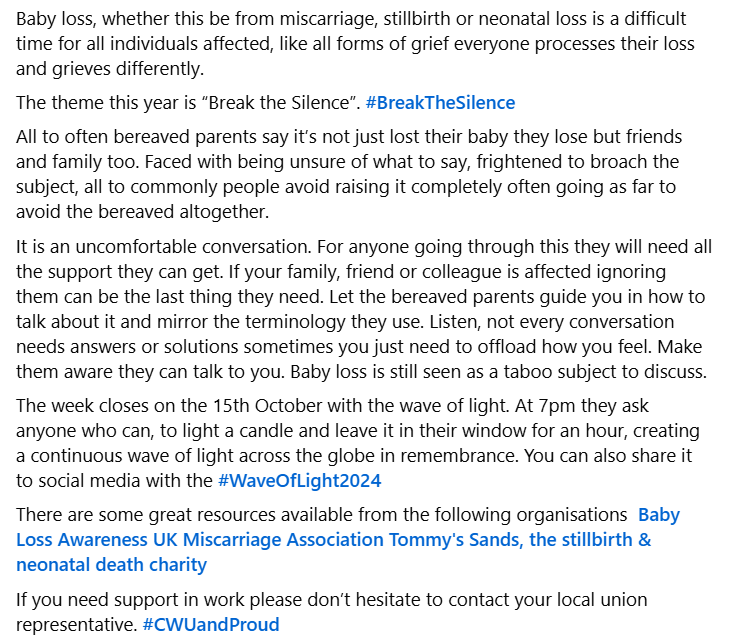 CWU Tyne & Wear (@cwutyneandwear) on Twitter photo Baby loss, whether this be from miscarriage, stillbirth or neonatal loss is a difficult time for all individuals affected, like all forms of grief everyone processes their loss and grieves differently.
#BreakTheSilence
#CWUandProud
<a href="/tommys/">Tommy's</a> <a href="/BabylossHelp/">Babyloss</a> <a href="/MiscarriageA/">Miscarriage Association</a> <a href="/SandsUK/">Sands - baby loss charity 💙🧡</a> Baby loss, whether this be from miscarriage, stillbirth or neonatal loss is a difficult time for all individuals affected, like all forms of grief everyone processes their loss and grieves differently.
#BreakTheSilence
#CWUandProud
<a href="/tommys/">Tommy's</a> <a href="/BabylossHelp/">Babyloss</a> <a href="/MiscarriageA/">Miscarriage Association</a> <a href="/SandsUK/">Sands - baby loss charity 💙🧡</a>