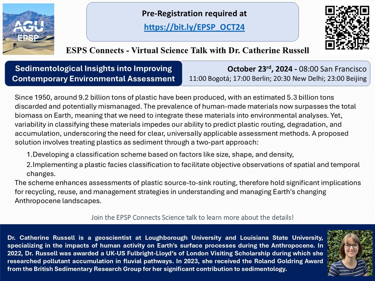 AGU_EPSP (@agu_epsp) on Twitter photo Join Dr. Catherine Russell (<a href="/SeddyRocks/">Dr Catherine Russell</a>) on Wednesday, October 23 for this month's EPSP Connects Science talk! Learn how treating plastics as sediment could revolutionize our understanding of Earth's changing landscapes.
Register now: bit.ly/EPSP_OCT24
#EPSPConnects Join Dr. Catherine Russell (<a href="/SeddyRocks/">Dr Catherine Russell</a>) on Wednesday, October 23 for this month's EPSP Connects Science talk! Learn how treating plastics as sediment could revolutionize our understanding of Earth's changing landscapes.
Register now: bit.ly/EPSP_OCT24
#EPSPConnects