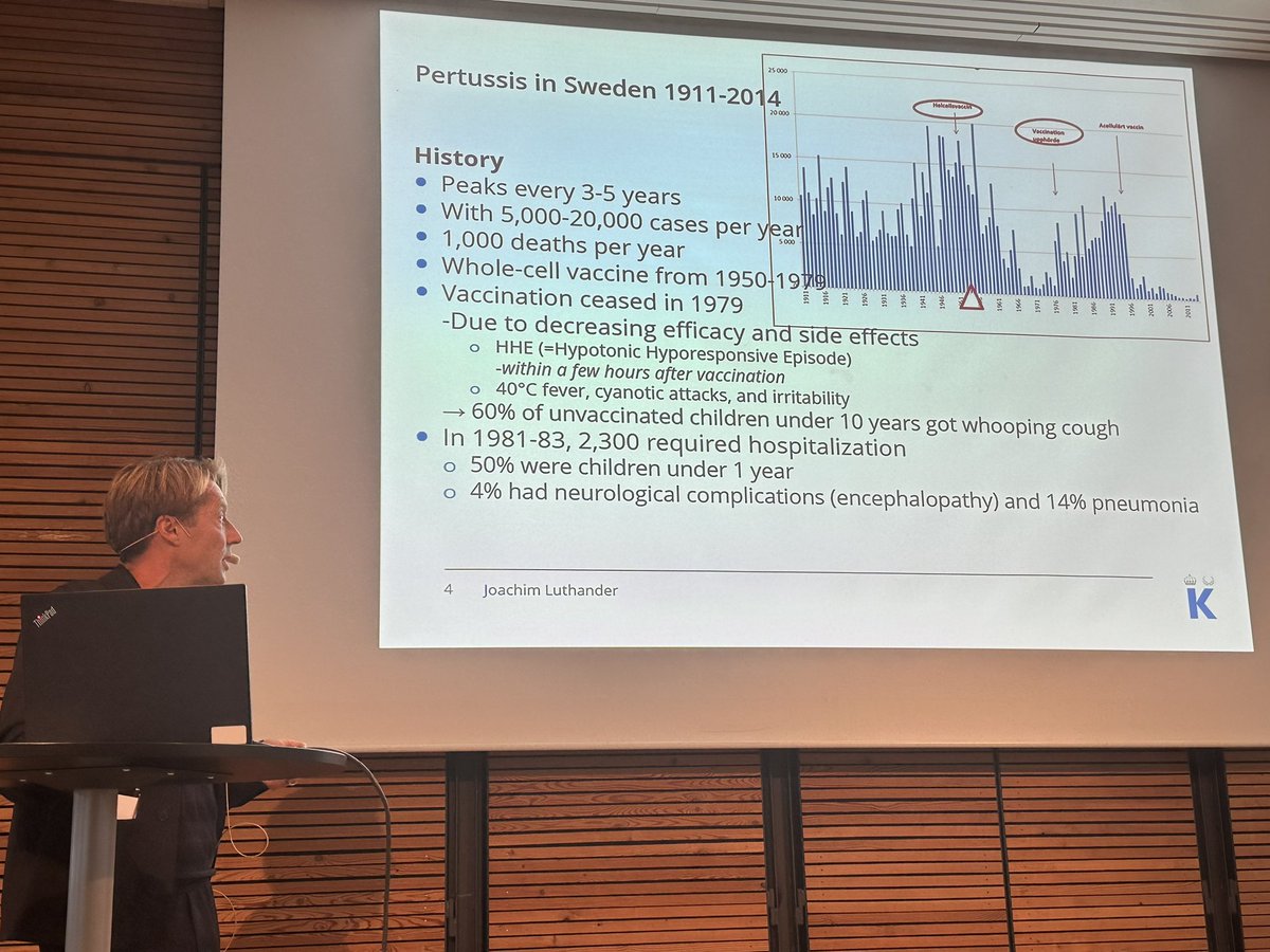 Joachim Luthander presenterar #pertussis data i 🇸🇪. Tydlig ökning av svåra fall hos 👶.