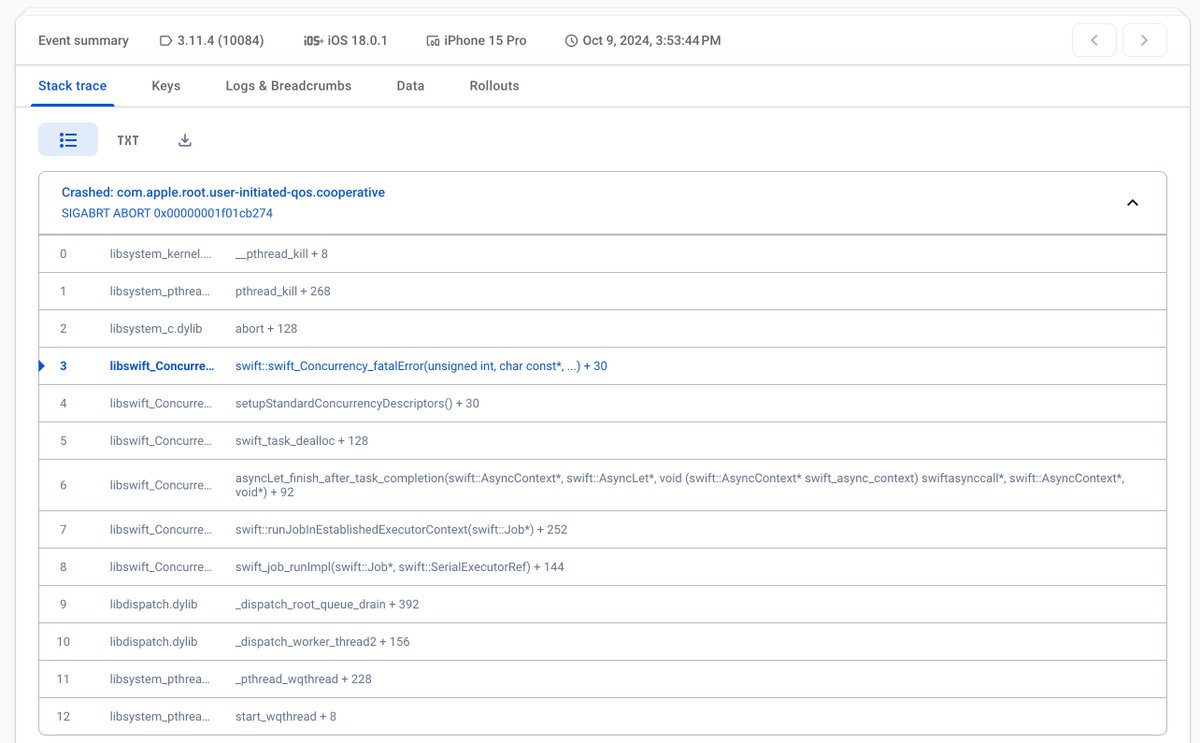piercifani's tweet image. How is Swift Concurrency going for you?
This nice crash was only happening when compiling on Release mode and changing a couple of `async let` to plain `let foo = try await something()` made the crash disappear.
Compile-time Data Race Safety? LOL
#swiftlang