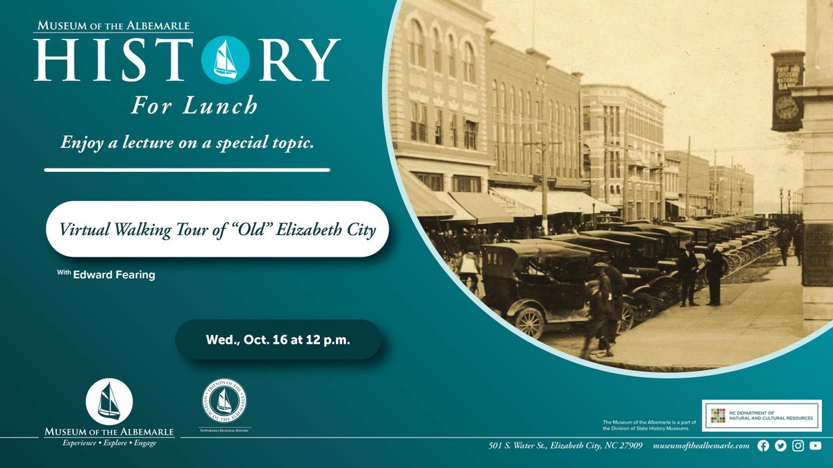 On Wed., October 16, Edward Fearing will present his collection of photographs with a virtual walking tour of "old" Elizabeth City dating back to the turn of the century.

Join us in person or virtually through Zoom: tinyurl.com/2jzmbj69