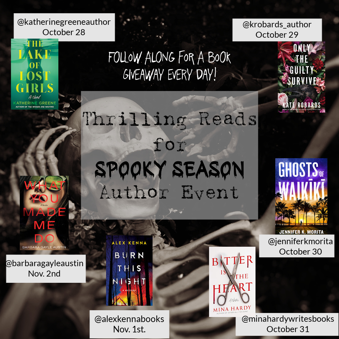 Coming up in just a few weeks - follow authors @authorkgreene <a href="/jenniferkmorita/">Jennifer K. Morita - order GHOSTS OF WAIKĪKĪ</a> <a href="/AlexKenna9/">Alex Kenna</a> <a href="/AustinBGauthor/">Barbara Austin</a> and Mina Hardy for daily giveaways of new books! Win a copy of my book, Only the Guilty Survive, on Oct. 29!