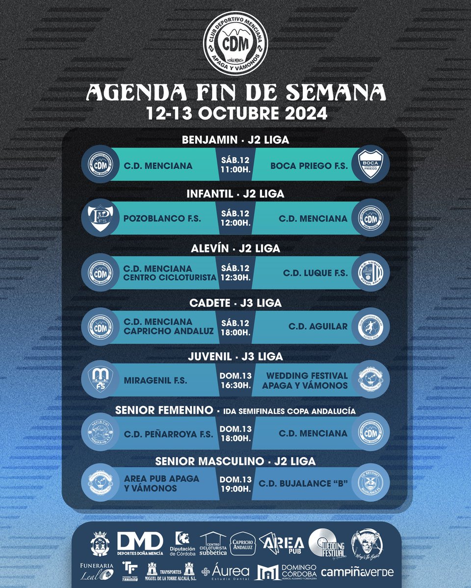 📅 AGENDA SEMANAL |
Este fin de semana de fiesta nacional tenemos siete de nuestros equipos en competición. Cuatro equipos lo harán como locales y tres como visitantes. Destacando el cuadro femenino que debuta en la copa de Andalucía visitando al C.D. Peñarroya.