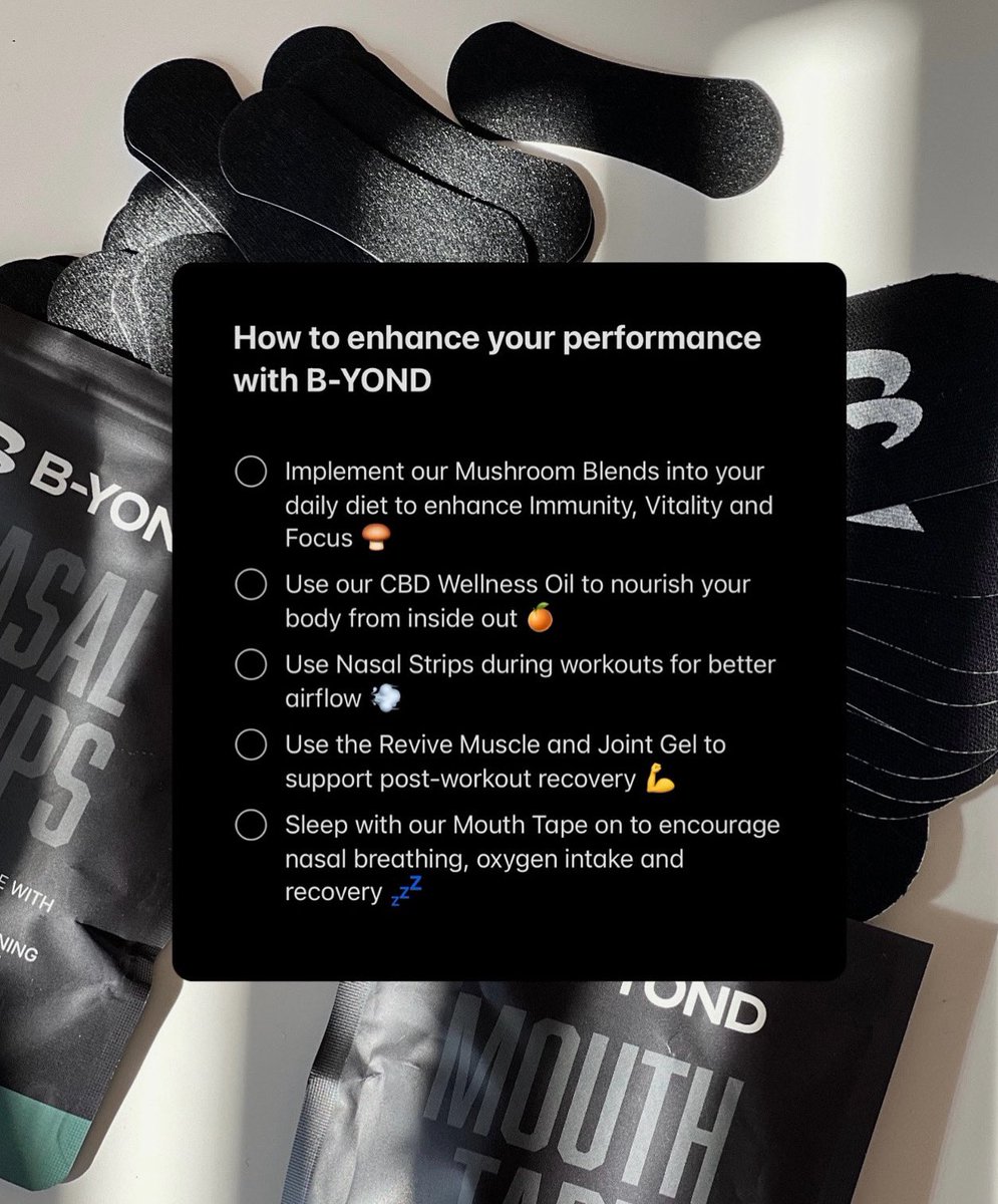 How do you enhance your performance with B-YOND? 💪

-
#Performance #Recovery #PreWorkout #PostWorkout #sleepquality
#mouthtape #mouthtapesleeping #qualitysleep #sleep #launchoffer #sale #nasalstripsforsnoring #snoring #deepsleep #workout #gym