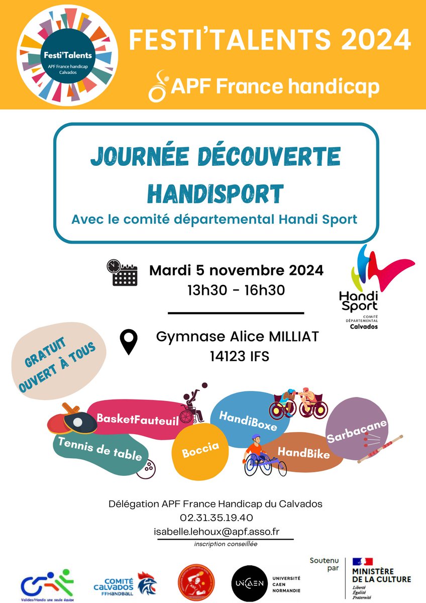 🎉1ère journée Festi'Talents 2024 
👉Journée découverte Handisports le 5 novembre au gymnase Alice Milliat de 13h30 à 16h30

🧐Les inscriptions sont fortement conseillées mais pas obligatoire
#APFFrancehandicap 
#festitalents 
#handisport