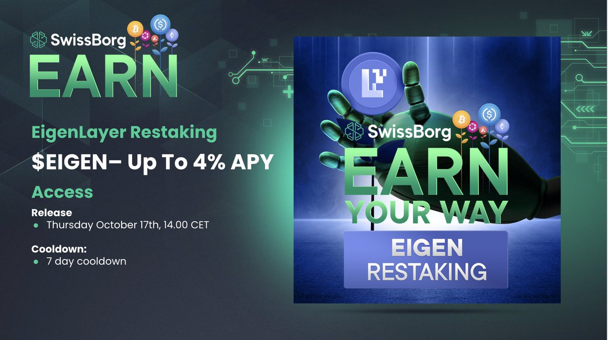 SwissborgJ's tweet image. 4/ $EIGEN ステーキングが間も無くアプリにリリース！ 

開始時刻：10月17日（木）午後14:00

APY: 最大4% 
クールダウン期間: 7日間